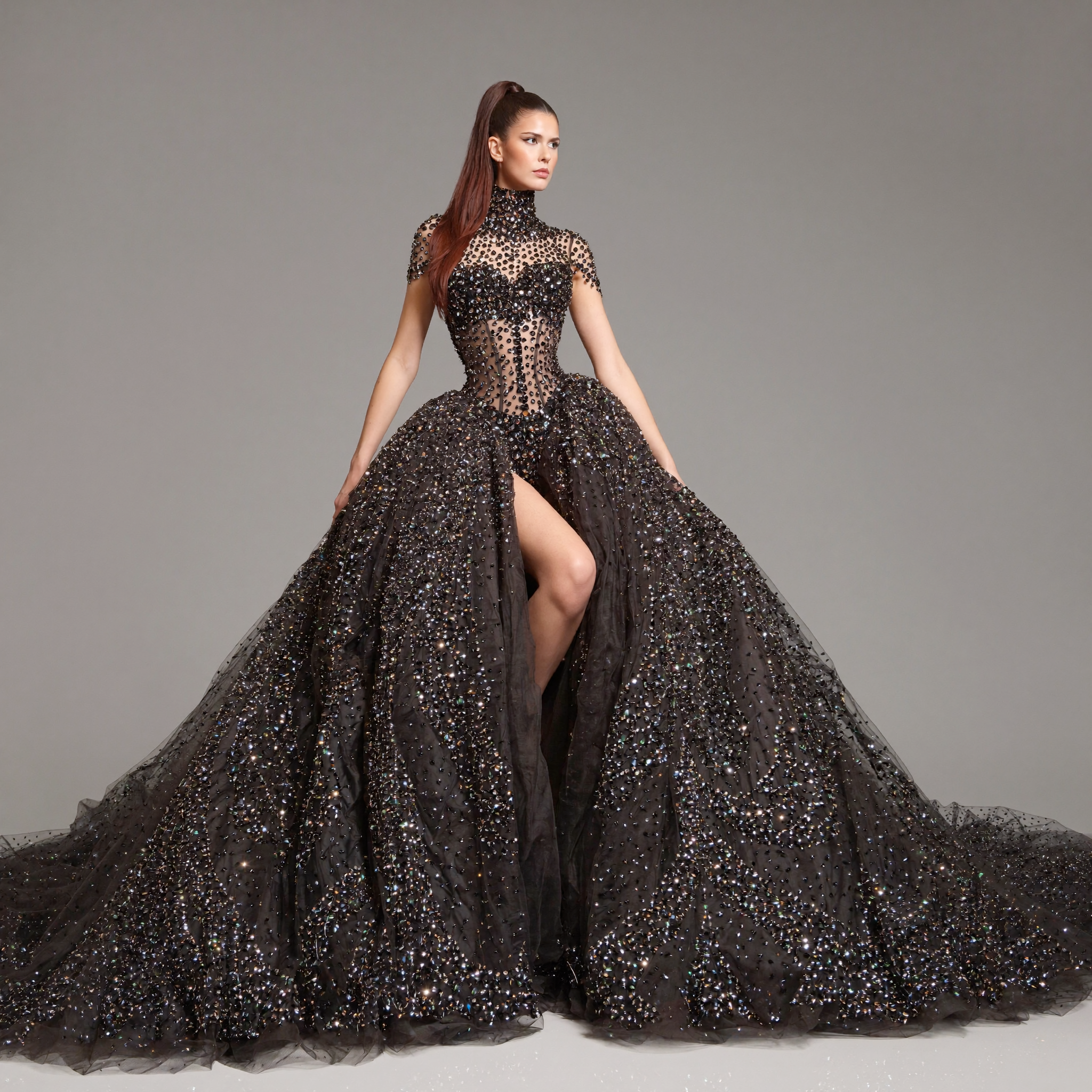 area black crystal dress Black Crystal Embellished High Neck Ball Gown with Sheer Corset