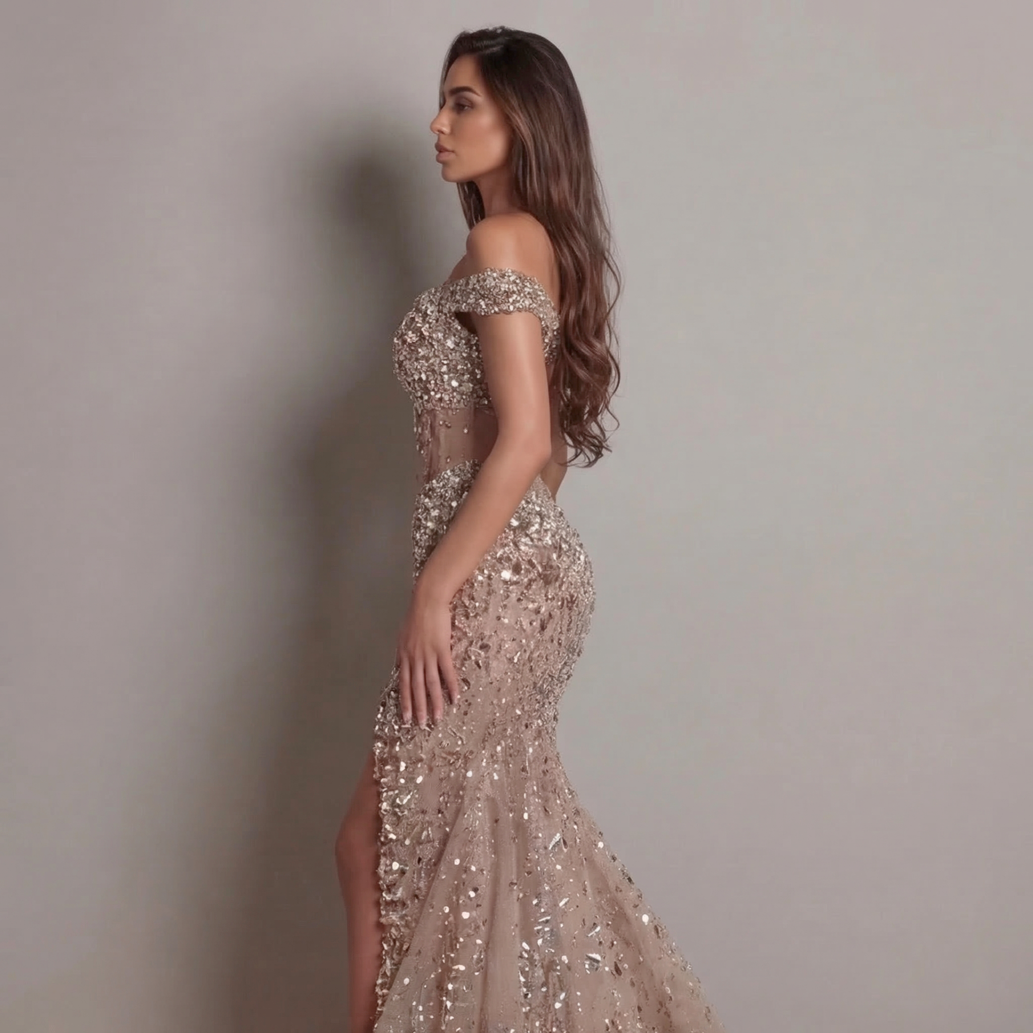 Blush Champagne Off-Shoulder Mermaid Gown with Sheer Corset Bodice, Crystal Embellishments, High Slit and Sparkling Tulle Train