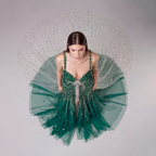 Emerald Green Crystal Embellished Deep V-Neck Mermaid Gown with Architectural Waist Detail and High Slit