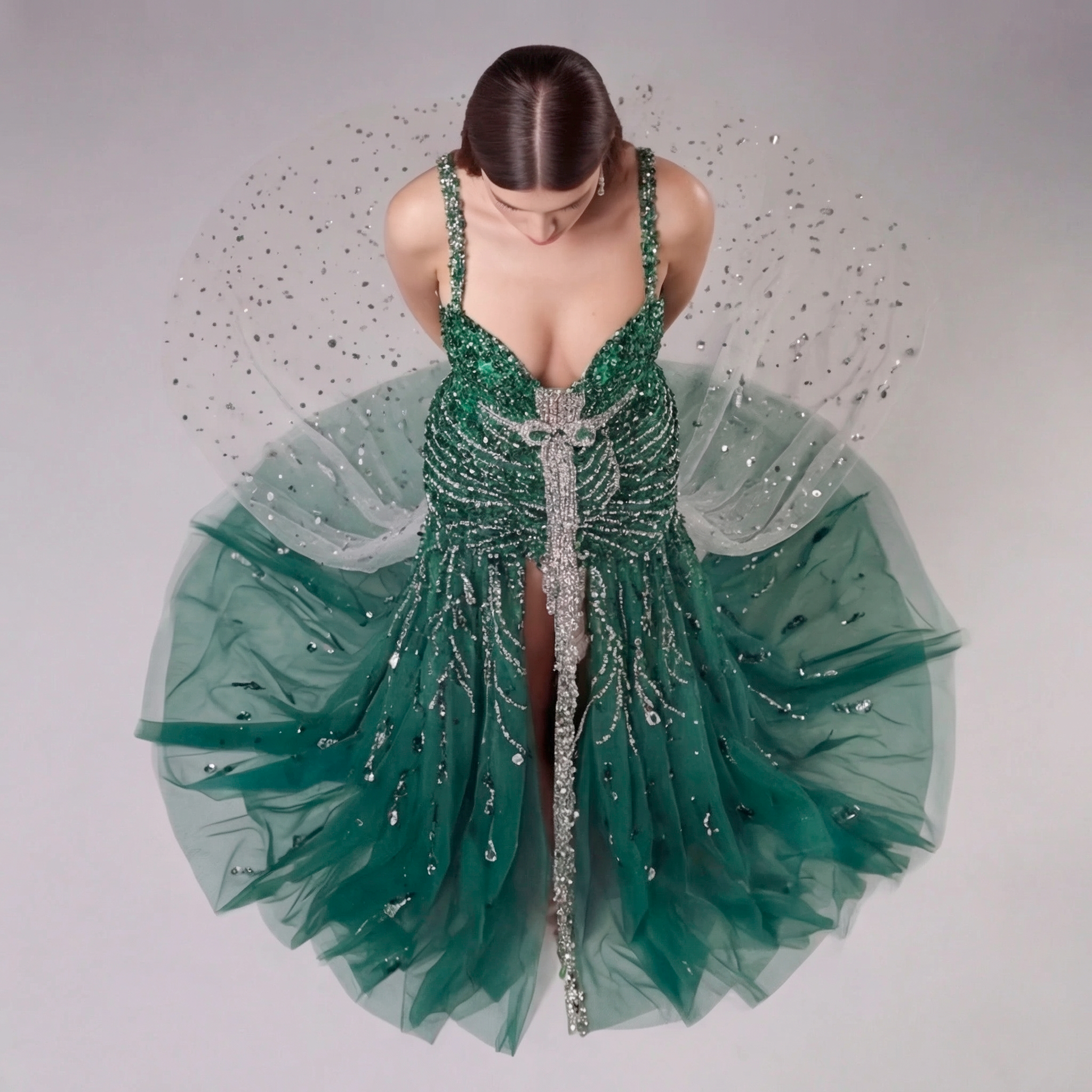 Emerald Green Crystal Embellished Deep V-Neck Mermaid Gown with Architectural Waist Detail and High Slit