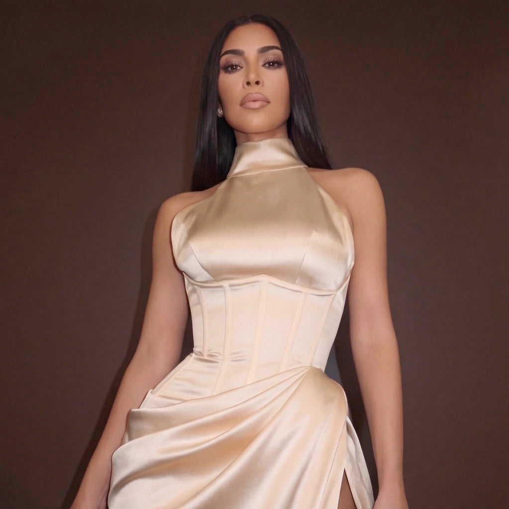 Champagne Satin Halter Neck Gown with Draped Skirt, High Slit and Sculpted Silhouette