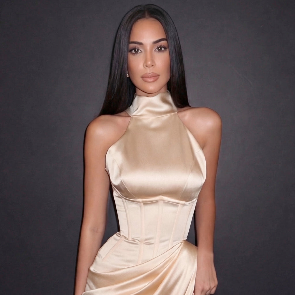 Champagne Satin Halter Neck Gown with Draped Skirt, High Slit and Sculpted Silhouette