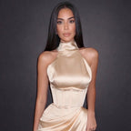 Champagne Satin Halter Neck Gown with Draped Skirt, High Slit and Sculpted Silhouette