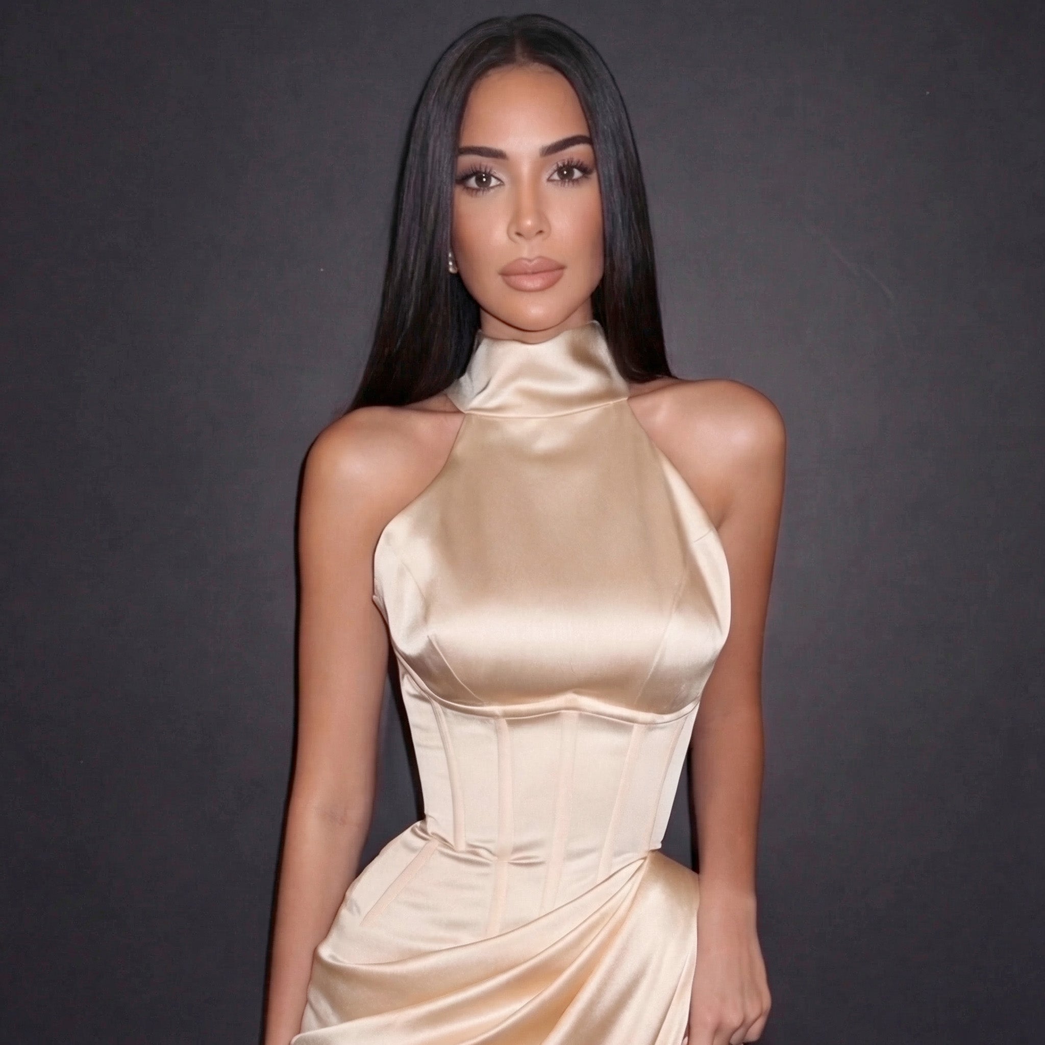 Champagne Satin Halter Neck Gown with Draped Skirt, High Slit and Sculpted Silhouette