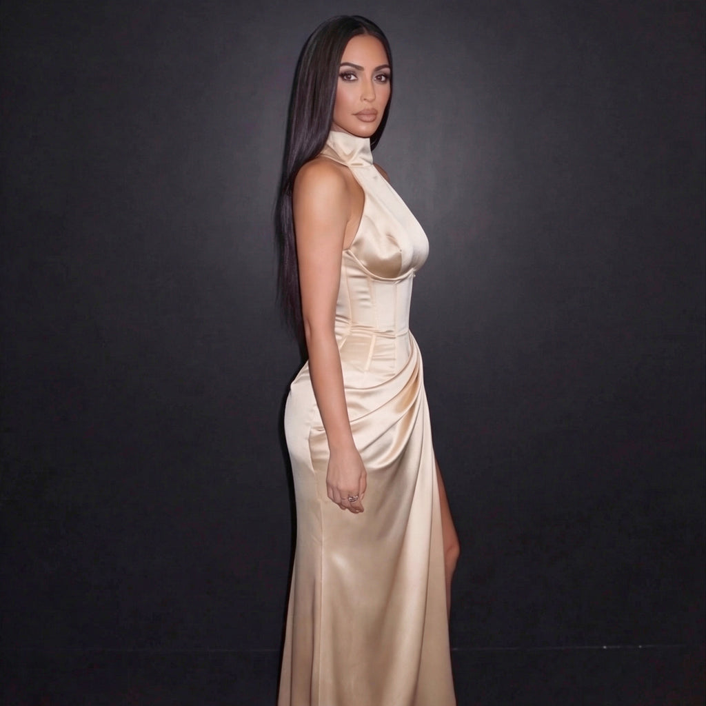 Champagne Satin Halter Neck Gown with Draped Skirt, High Slit and Sculpted Silhouette