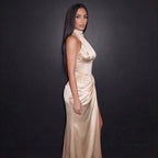 Champagne Satin Halter Neck Gown with Draped Skirt, High Slit and Sculpted Silhouette