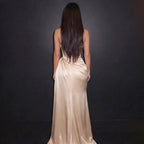 Champagne Satin Halter Neck Gown with Draped Skirt, High Slit and Sculpted Silhouette
