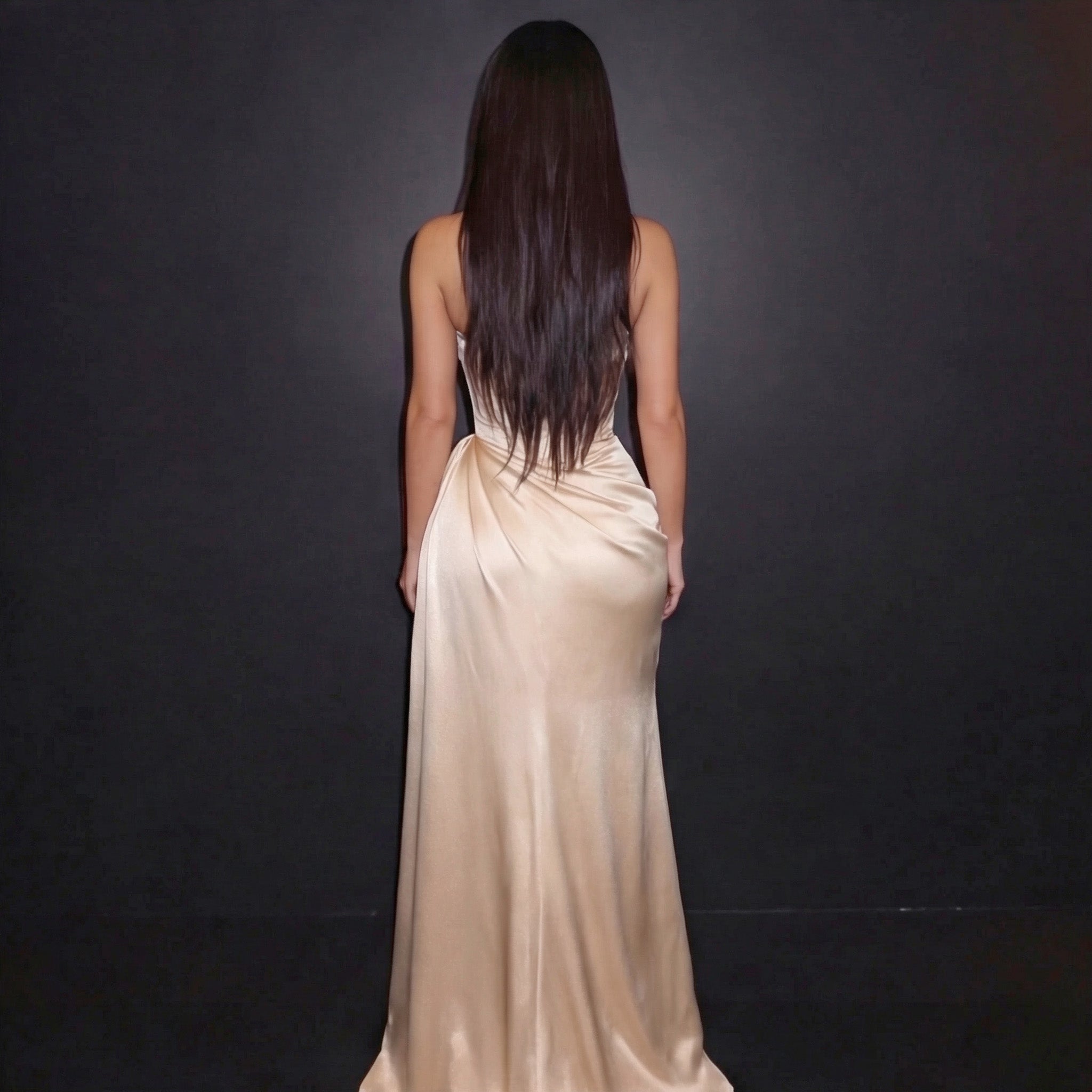 Champagne Satin Halter Neck Gown with Draped Skirt, High Slit and Sculpted Silhouette