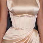 Champagne Satin Halter Neck Gown with Draped Skirt, High Slit and Sculpted Silhouette