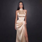 Champagne Satin Halter Neck Gown with Draped Skirt, High Slit and Sculpted Silhouette