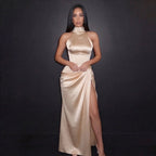 Champagne Satin Halter Neck Gown with Draped Skirt, High Slit and Sculpted Silhouette