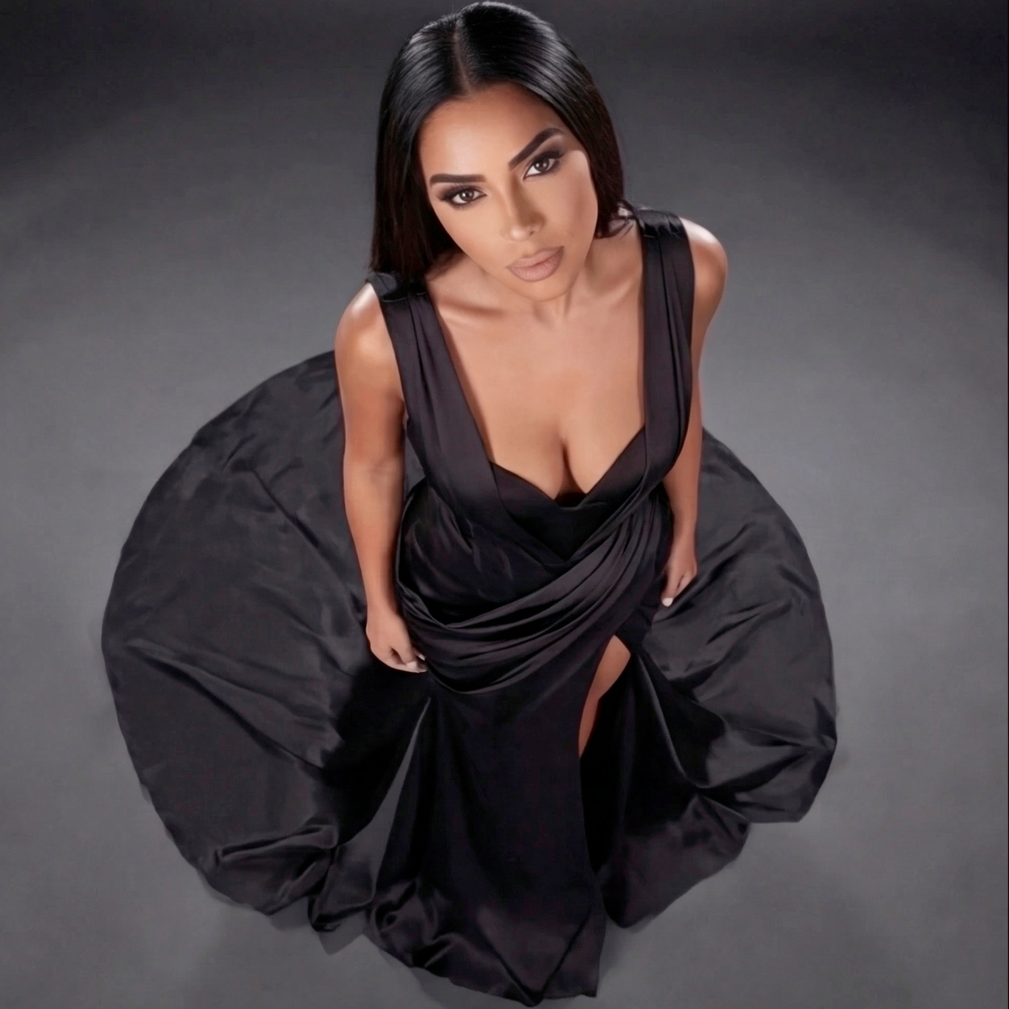 Black Satin Mermaid Gown with Deep V Neckline, Draped Waist, Sculpted Corset Fit and High Slit