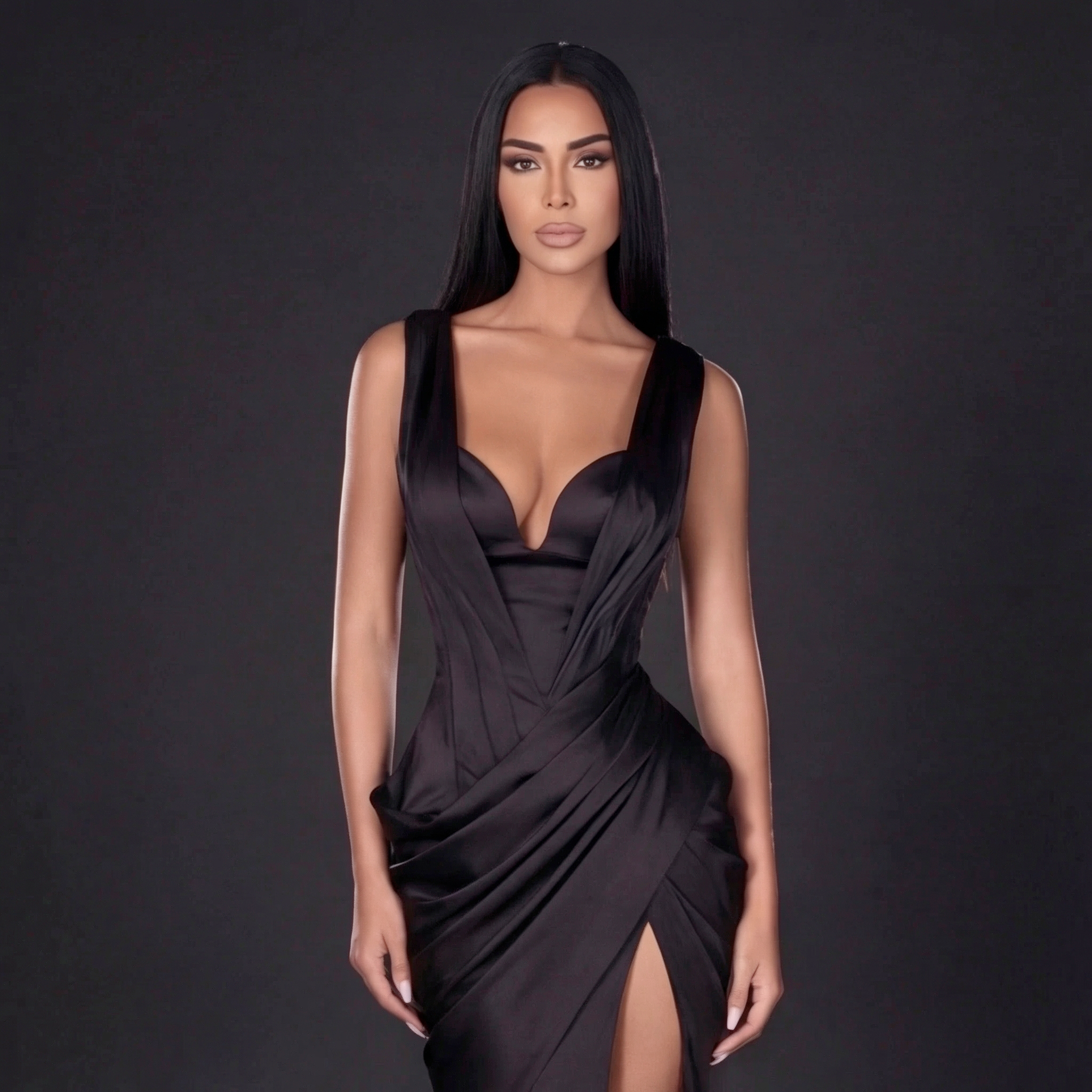Black Satin Mermaid Gown with Deep V Neckline, Draped Waist, Sculpted Corset Fit and High Slit