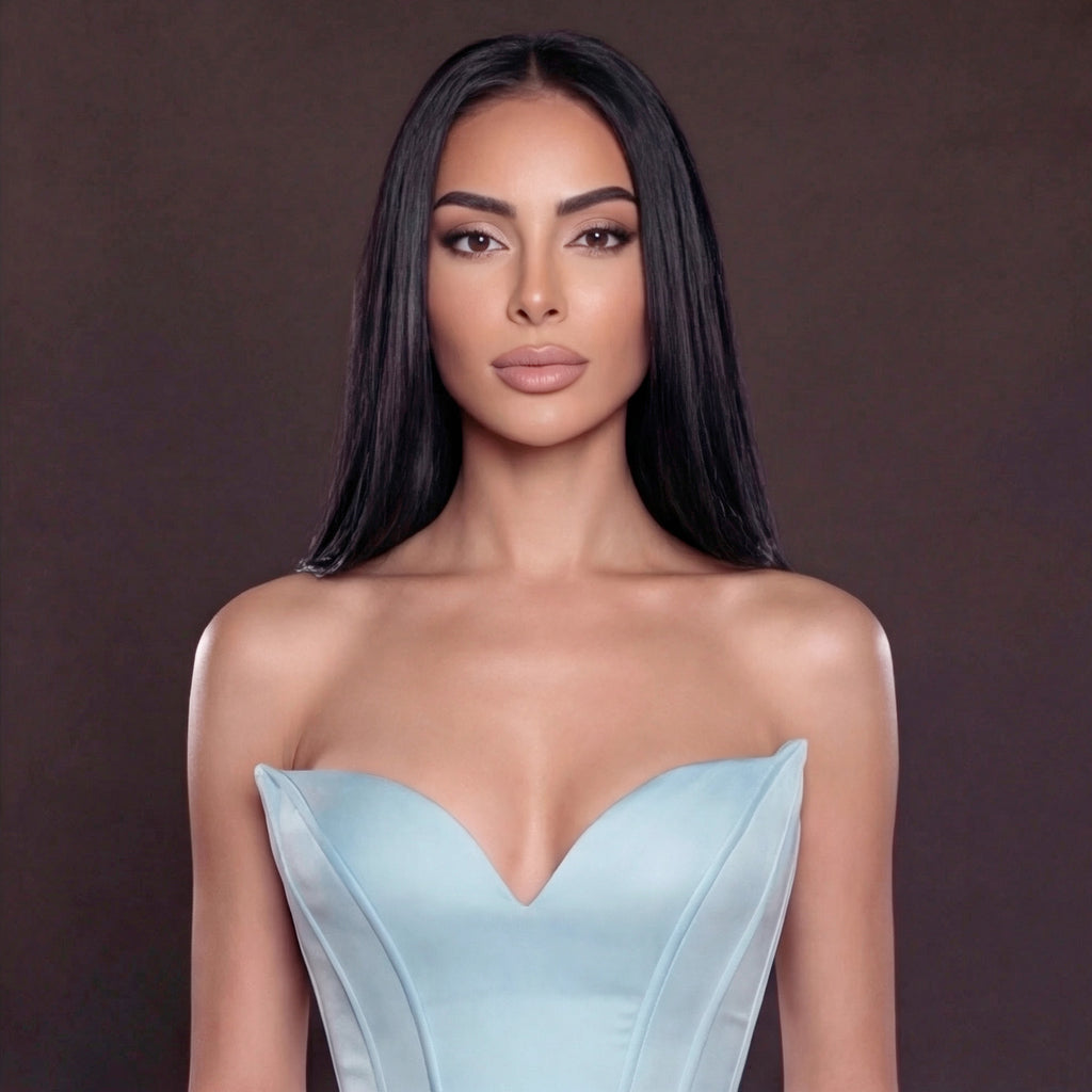Light Blue Satin Mermaid Gown with Strapless Sweetheart Neckline, Sculpted Corset Bodice, Draped Waist and High Slit