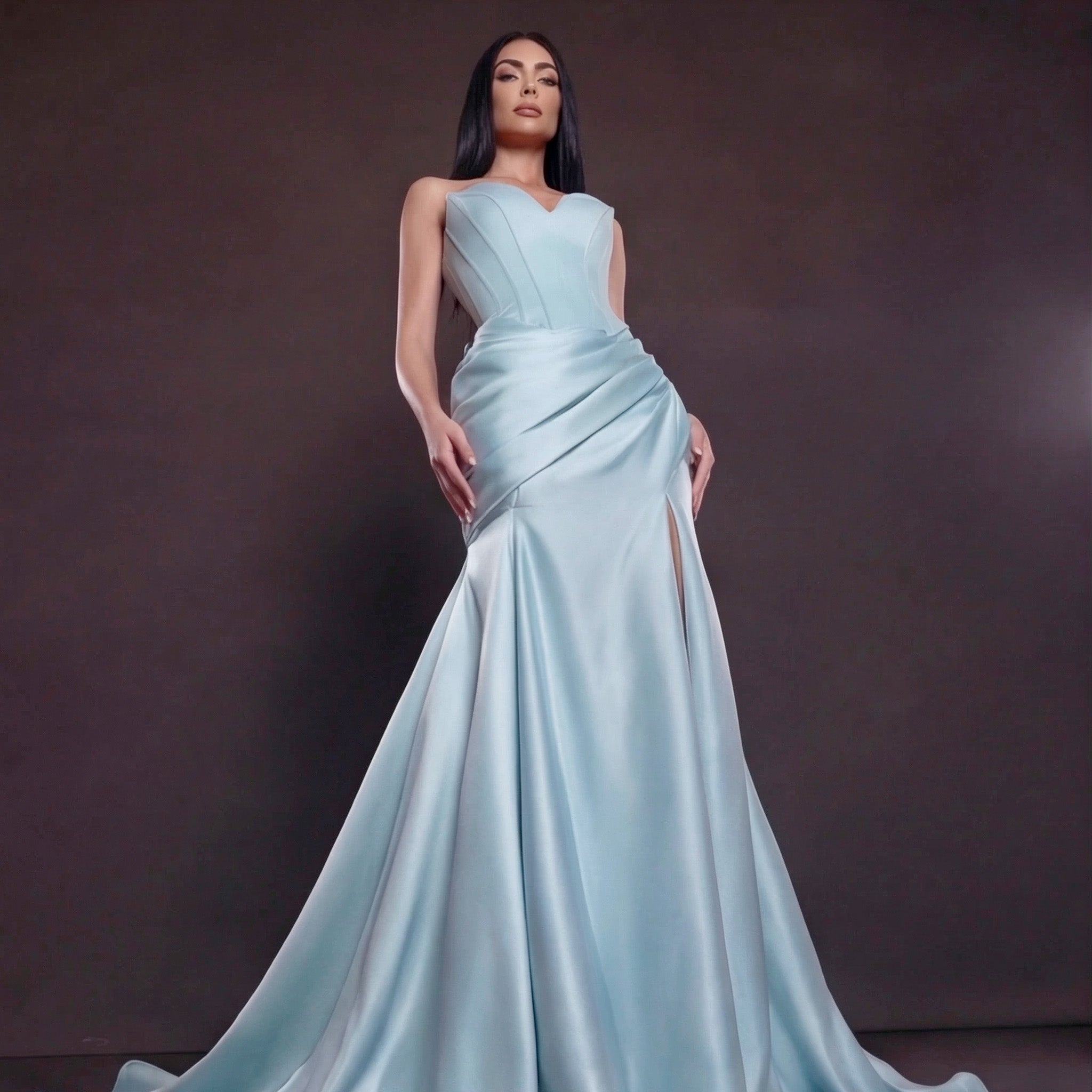 Light Blue Satin Mermaid Gown with Strapless Sweetheart Neckline, Sculpted Corset Bodice, Draped Waist and High Slit