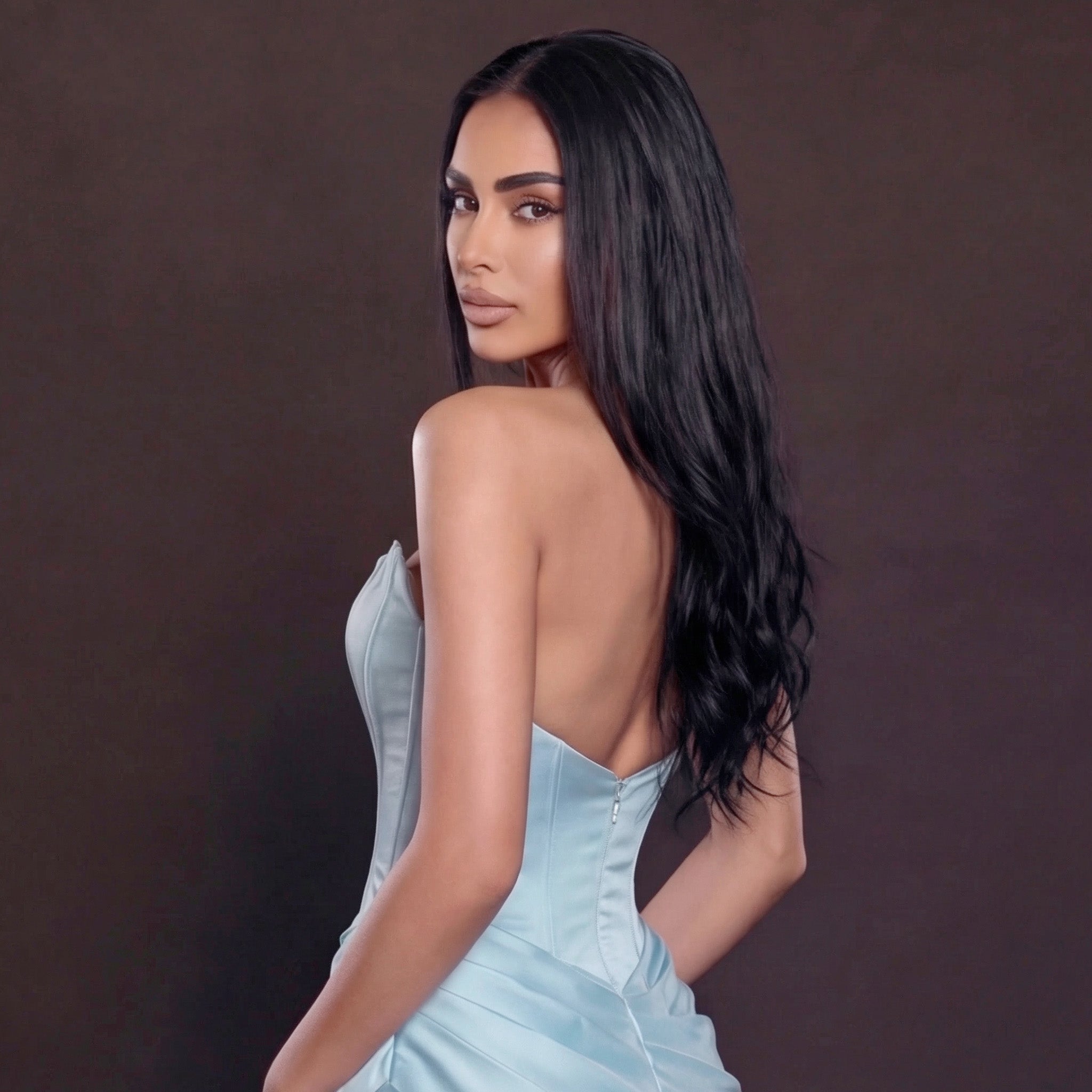 Light Blue Satin Mermaid Gown with Strapless Sweetheart Neckline, Sculpted Corset Bodice, Draped Waist and High Slit