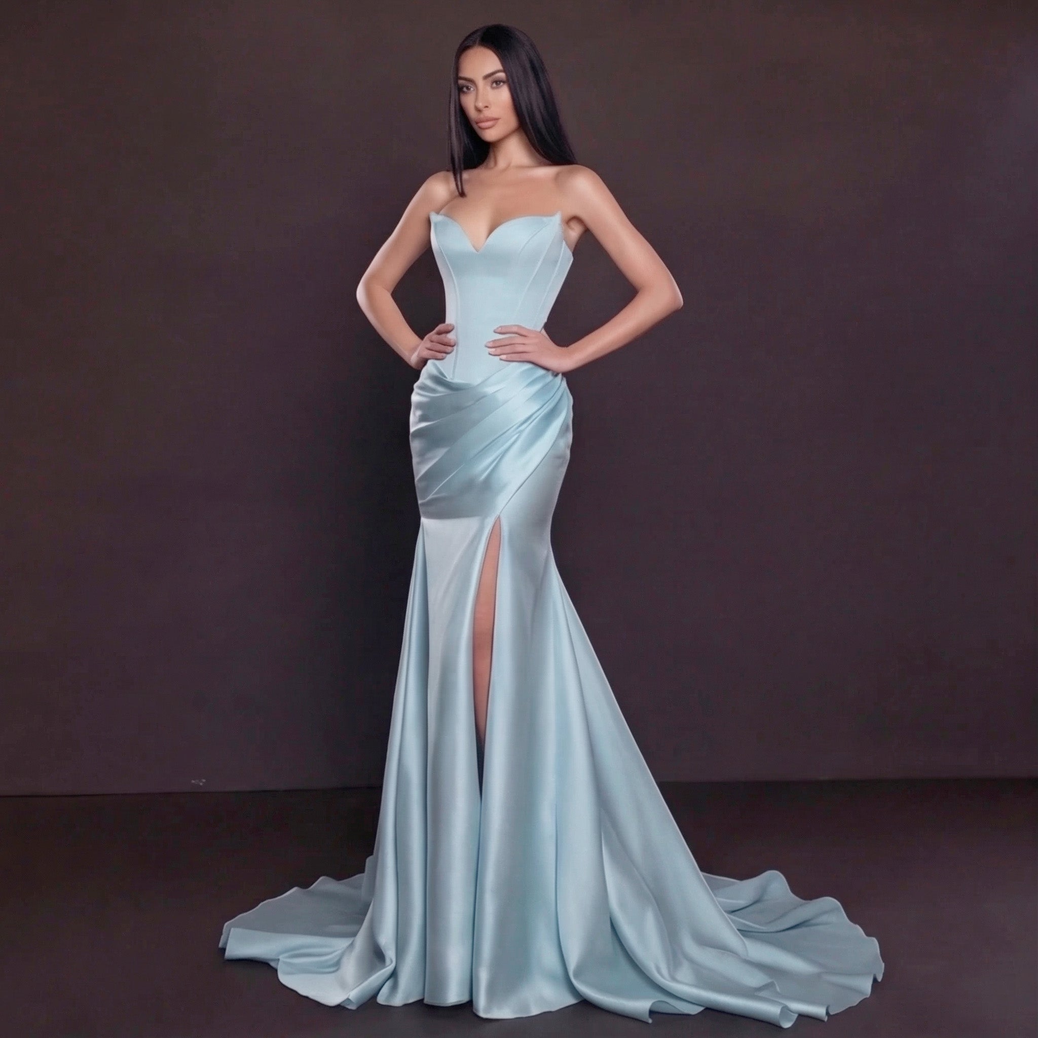 Light Blue Satin Mermaid Gown with Strapless Sweetheart Neckline, Sculpted Corset Bodice, Draped Waist and High Slit