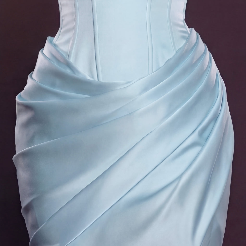 Light Blue Satin Mermaid Gown with Strapless Sweetheart Neckline, Sculpted Corset Bodice, Draped Waist and High Slit