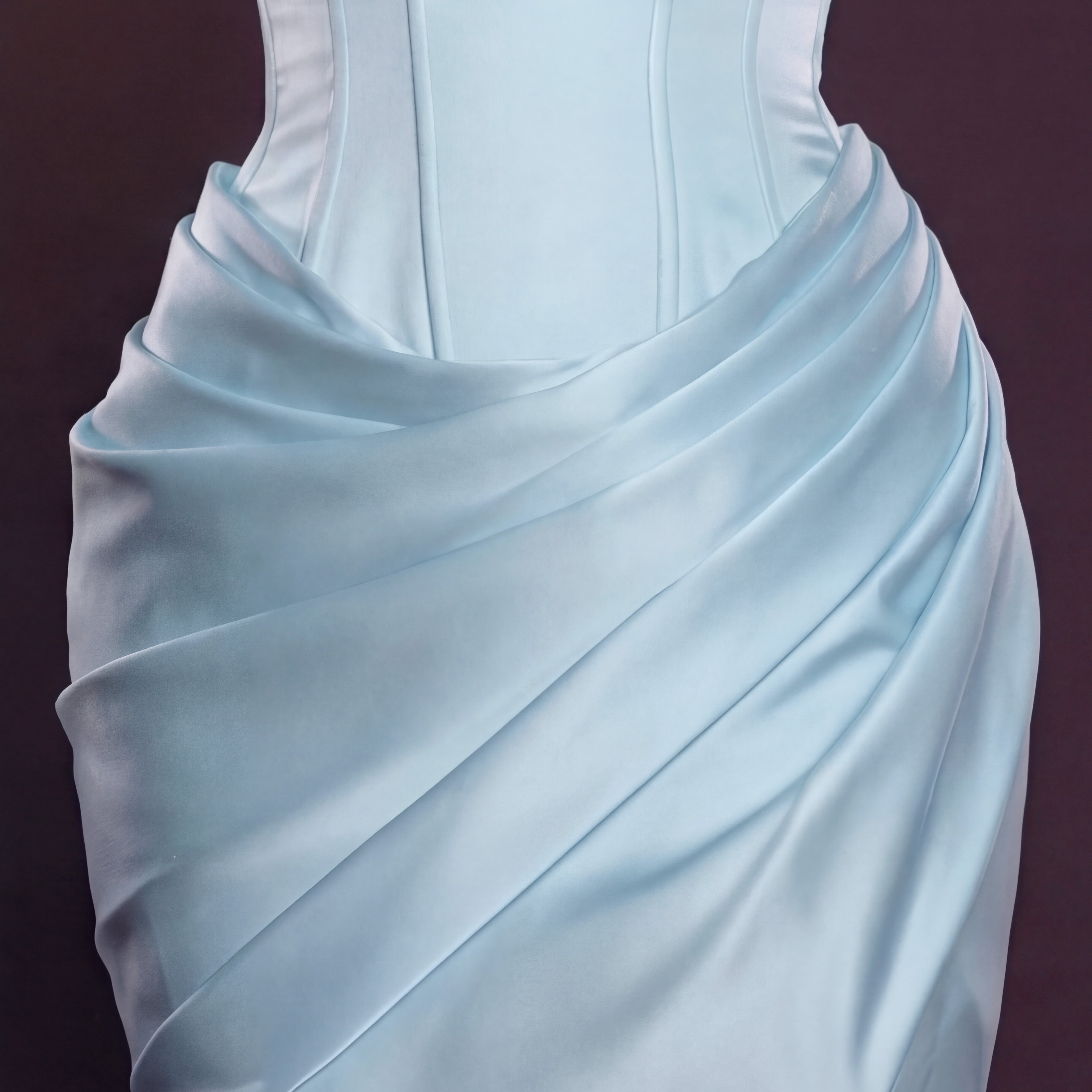 Light Blue Satin Mermaid Gown with Strapless Sweetheart Neckline, Sculpted Corset Bodice, Draped Waist and High Slit