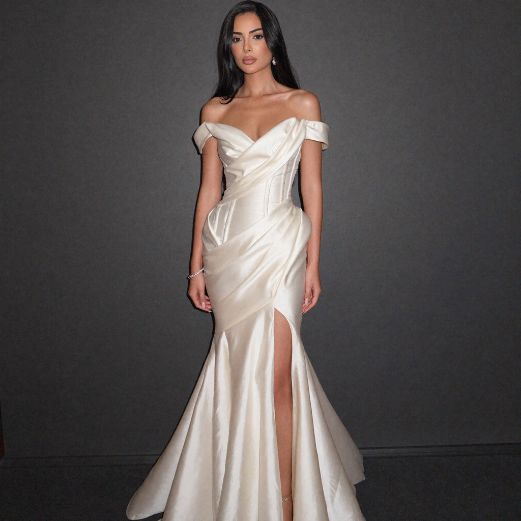 Ivory Satin Off-Shoulder Mermaid Gown with Draped Corset Bodice, Structured Waist and High Slit