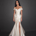Ivory Satin Off-Shoulder Mermaid Gown with Draped Corset Bodice, Structured Waist and High Slit