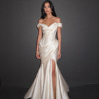 Ivory Satin Off-Shoulder Mermaid Gown with Draped Corset Bodice, Structured Waist and High Slit