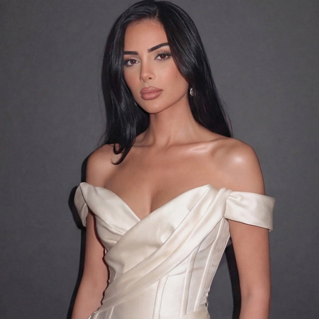 Ivory Satin Off-Shoulder Mermaid Gown with Draped Corset Bodice, Structured Waist and High Slit