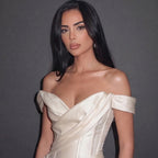 Ivory Satin Off-Shoulder Mermaid Gown with Draped Corset Bodice, Structured Waist and High Slit
