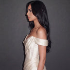 Ivory Satin Off-Shoulder Mermaid Gown with Draped Corset Bodice, Structured Waist and High Slit