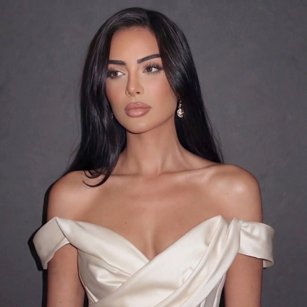 Ivory Satin Off-Shoulder Mermaid Gown with Draped Corset Bodice, Structured Waist and High Slit