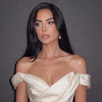 Ivory Satin Off-Shoulder Mermaid Gown with Draped Corset Bodice, Structured Waist and High Slit