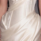 Ivory Satin Off-Shoulder Mermaid Gown with Draped Corset Bodice, Structured Waist and High Slit