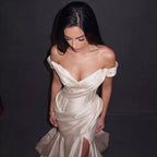 Ivory Satin Off-Shoulder Mermaid Gown with Draped Corset Bodice, Structured Waist and High Slit
