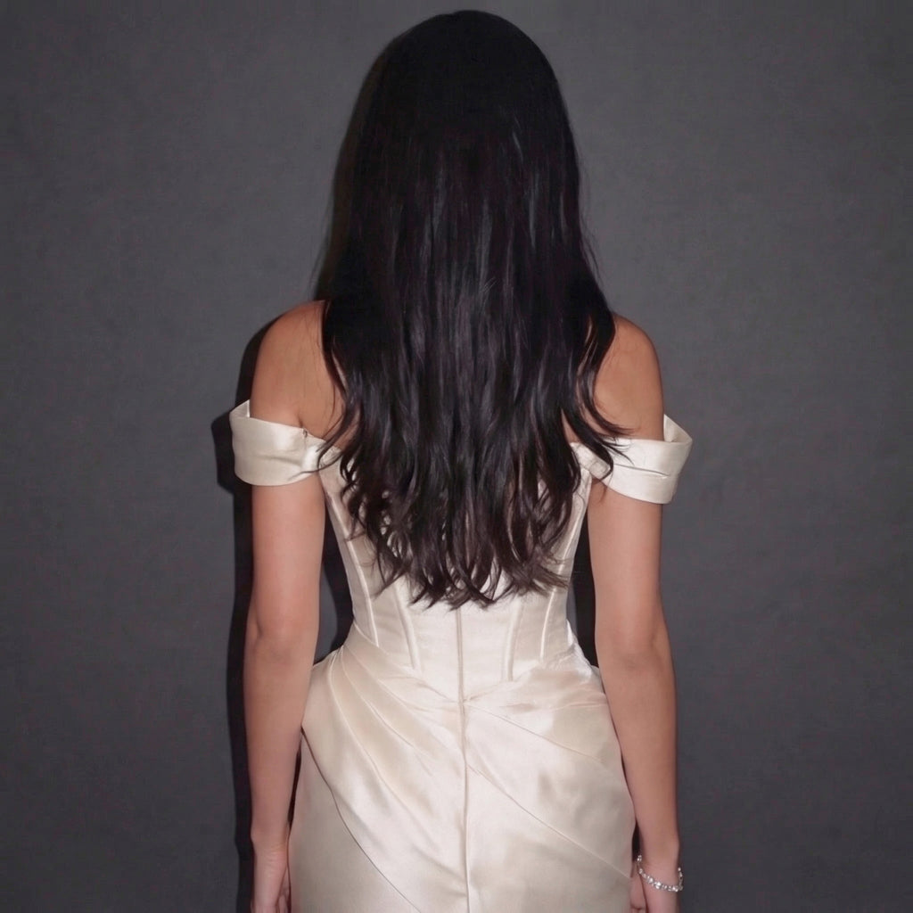 Ivory Satin Off-Shoulder Mermaid Gown with Draped Corset Bodice, Structured Waist and High Slit