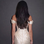 Ivory Satin Off-Shoulder Mermaid Gown with Draped Corset Bodice, Structured Waist and High Slit