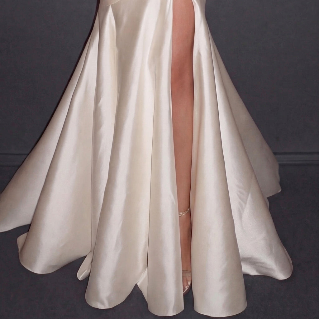 Ivory Satin Off-Shoulder Mermaid Gown with Draped Corset Bodice, Structured Waist and High Slit