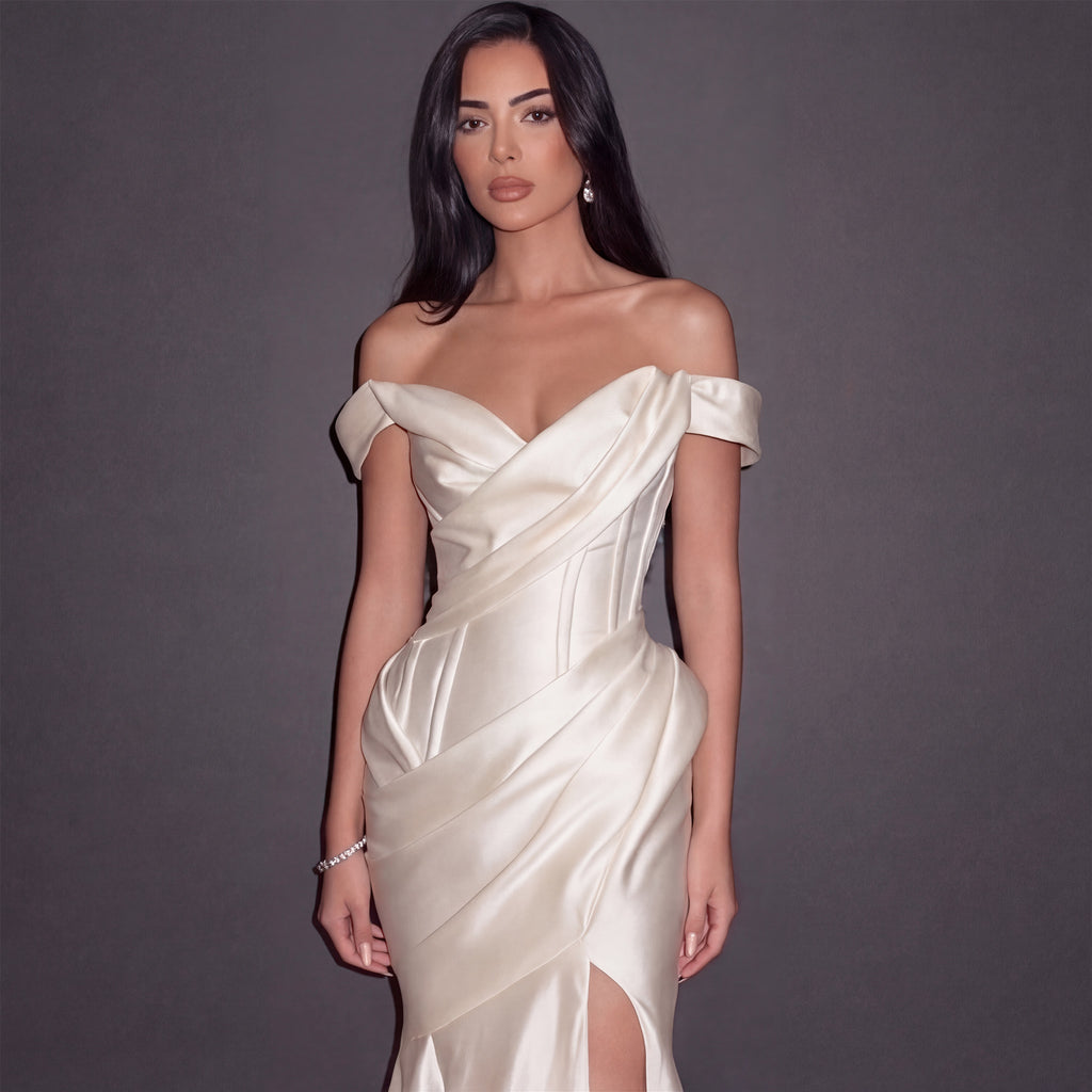 Ivory Satin Off-Shoulder Mermaid Gown with Draped Corset Bodice, Structured Waist and High Slit
