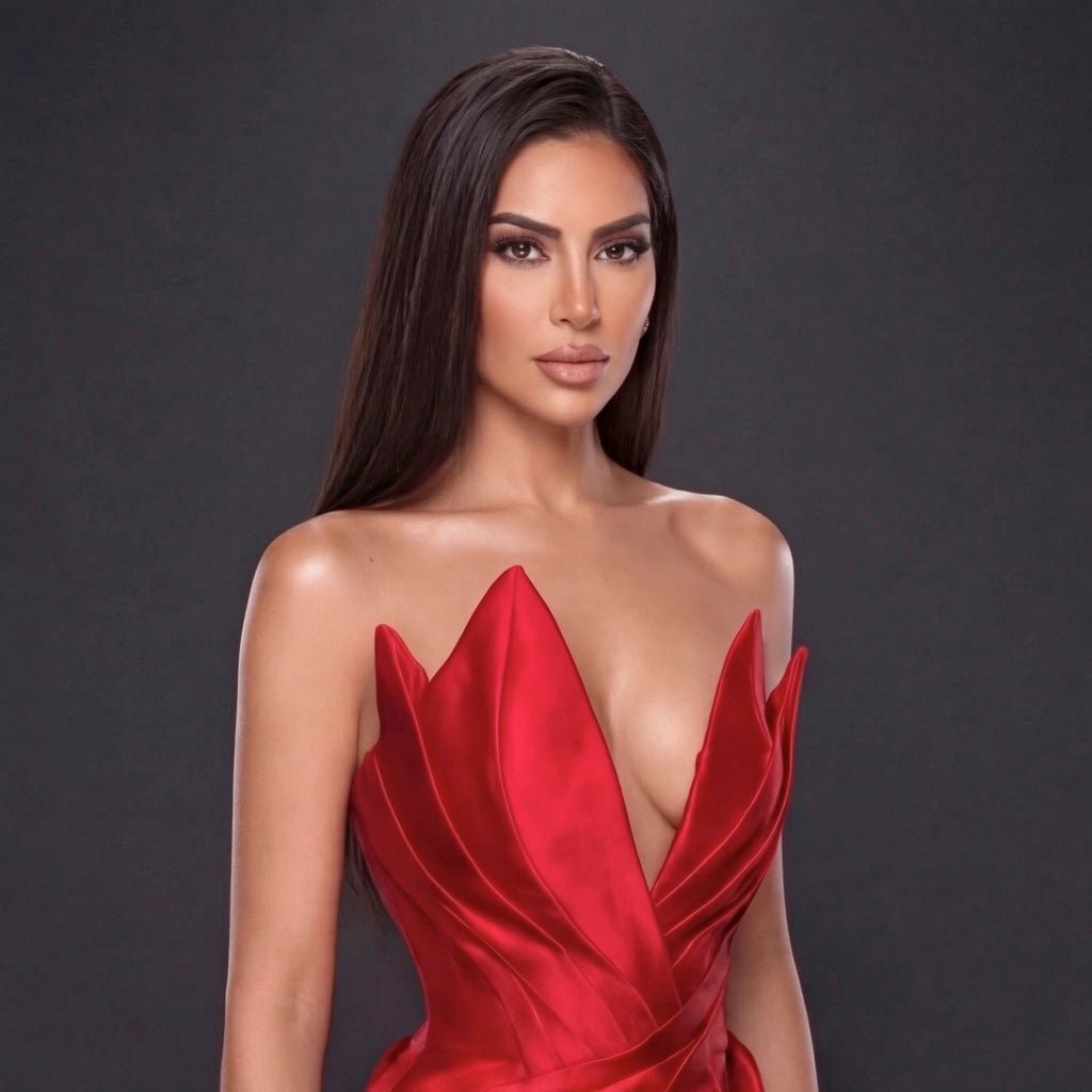 Red Satin Strapless Gown with Sculpted Deep V Neckline, Draped Waist, High Slit and Elegant Column Silhouette