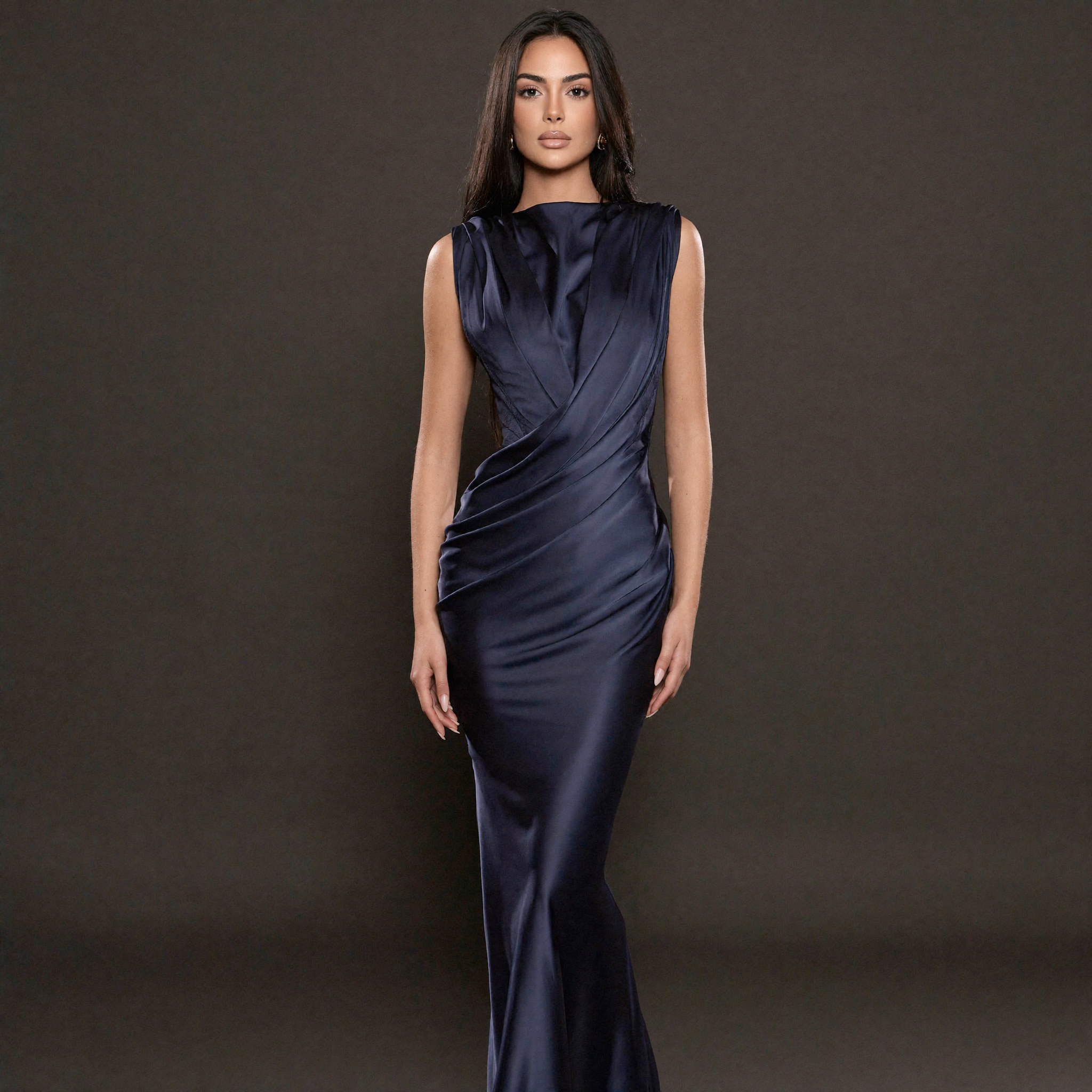 Navy Blue Satin Column Gown with Draped Bodice, High Neckline, Sleeveless Design and Sculpted Silhouette