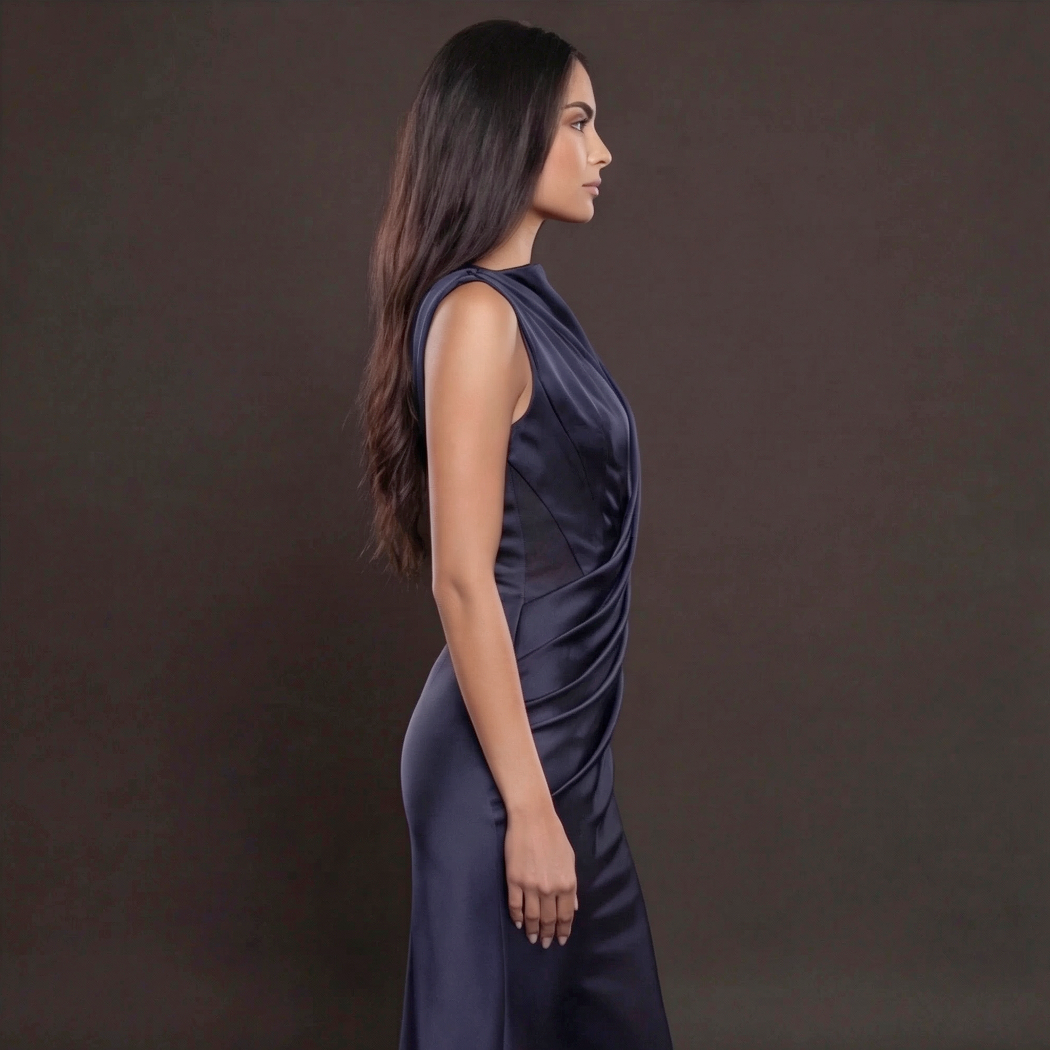 Navy Blue Satin Column Gown with Draped Bodice, High Neckline, Sleeveless Design and Sculpted Silhouette