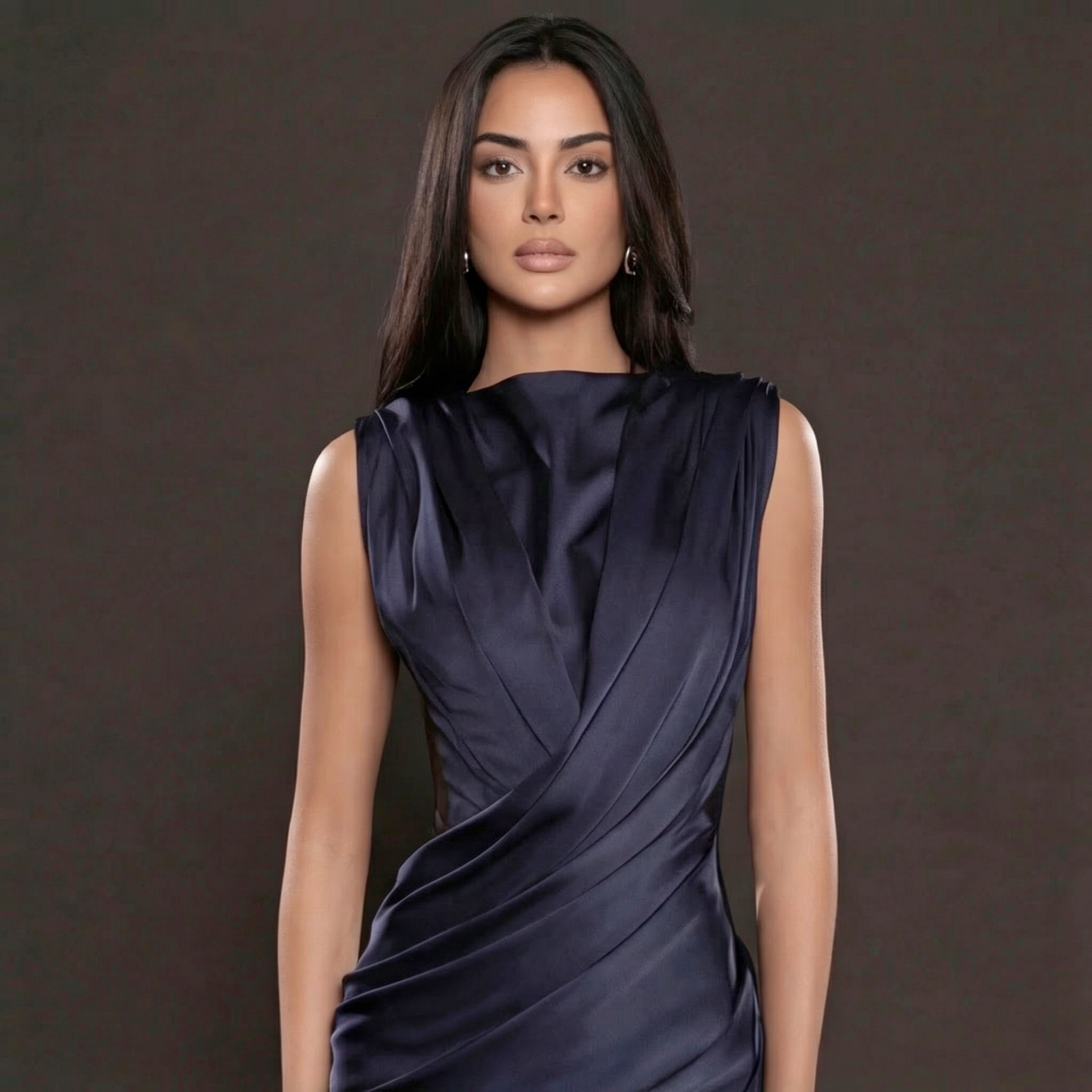 Navy Blue Satin Column Gown with Draped Bodice, High Neckline, Sleeveless Design and Sculpted Silhouette