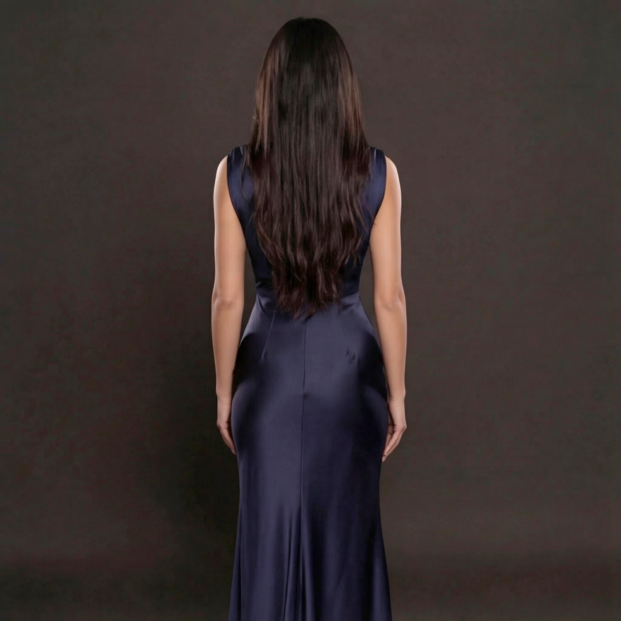 Navy Blue Satin Column Gown with Draped Bodice, High Neckline, Sleeveless Design and Sculpted Silhouette