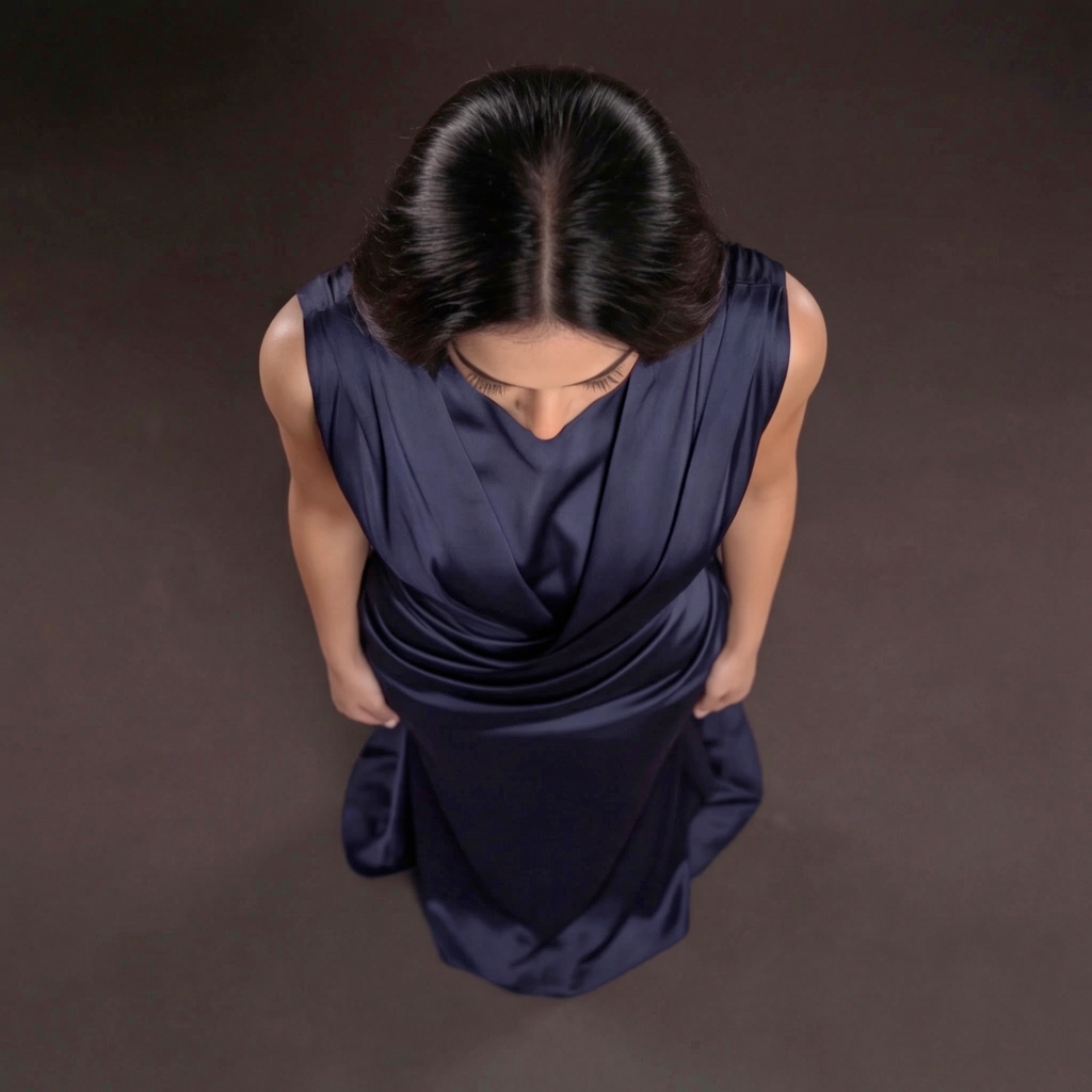 Navy Blue Satin Column Gown with Draped Bodice, High Neckline, Sleeveless Design and Sculpted Silhouette
