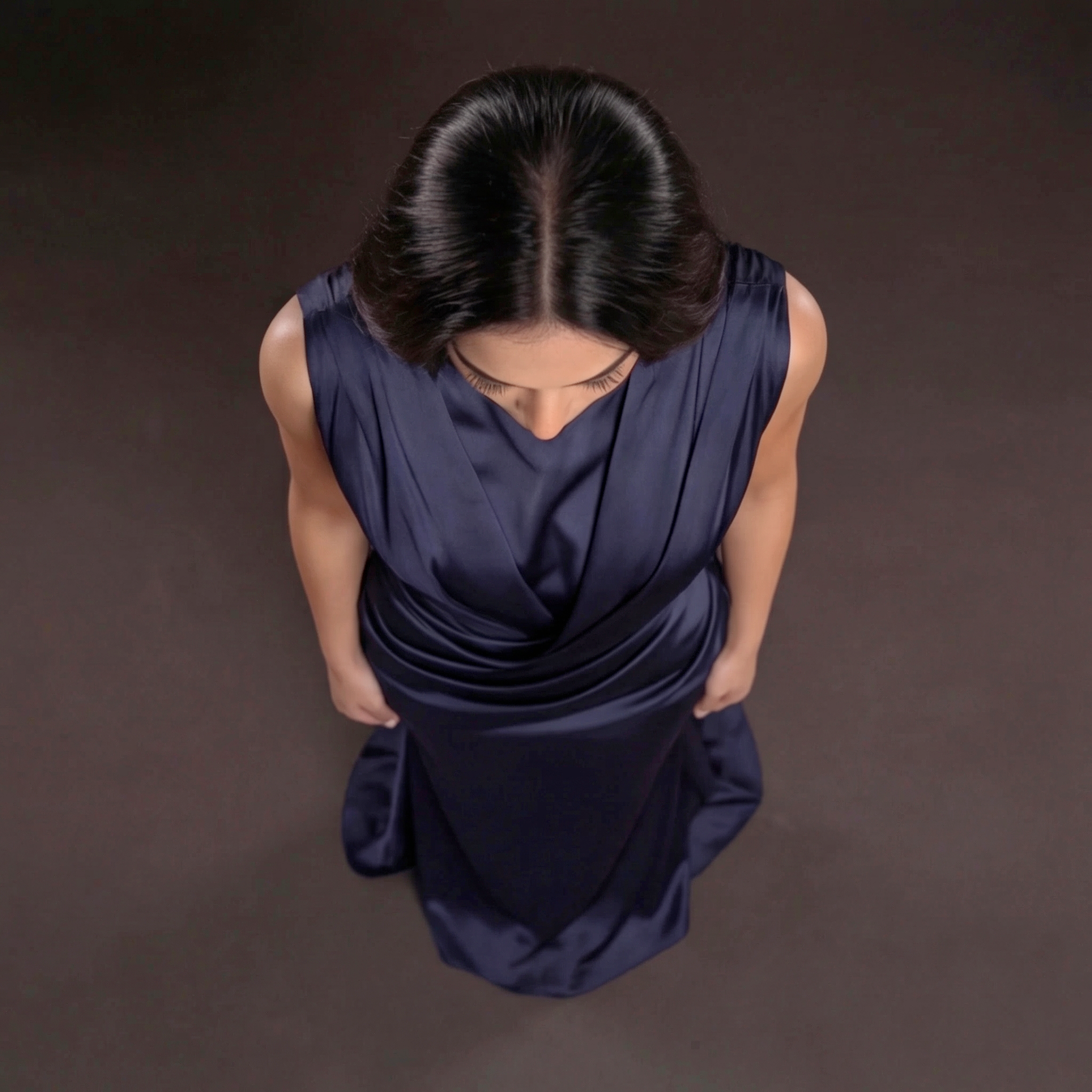 Navy Blue Satin Column Gown with Draped Bodice, High Neckline, Sleeveless Design and Sculpted Silhouette