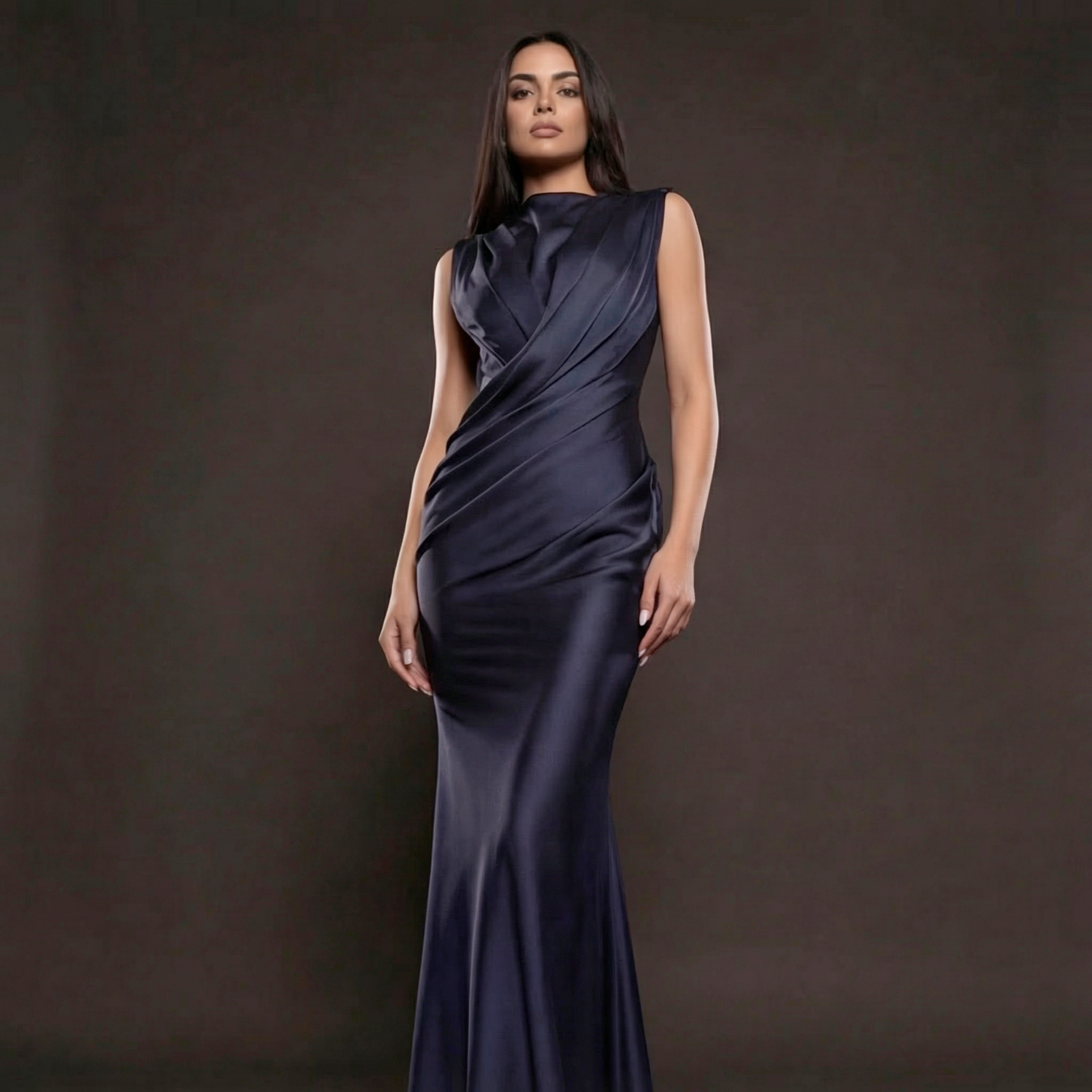 Navy Blue Satin Column Gown with Draped Bodice, High Neckline, Sleeveless Design and Sculpted Silhouette