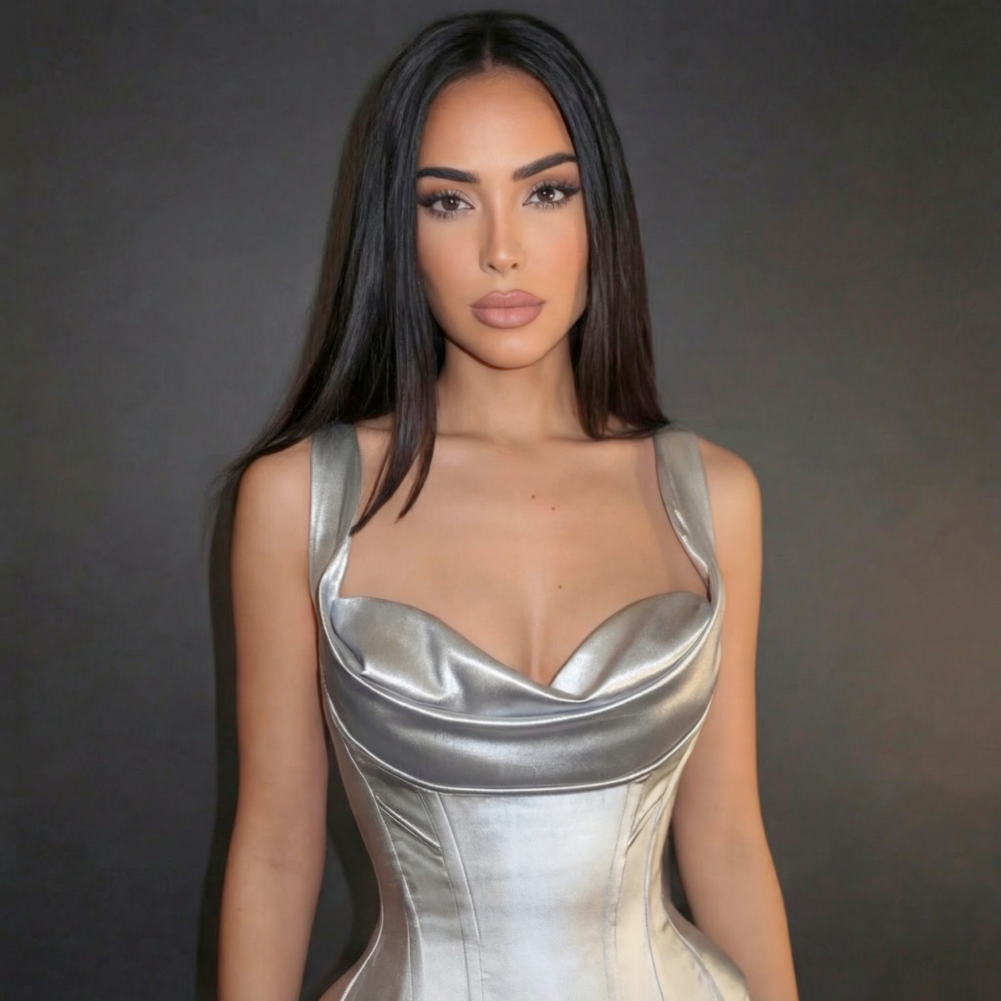 Silver Satin Draped Gown with Corset Bodice, Cowl Neckline, Thin Straps and High Slit