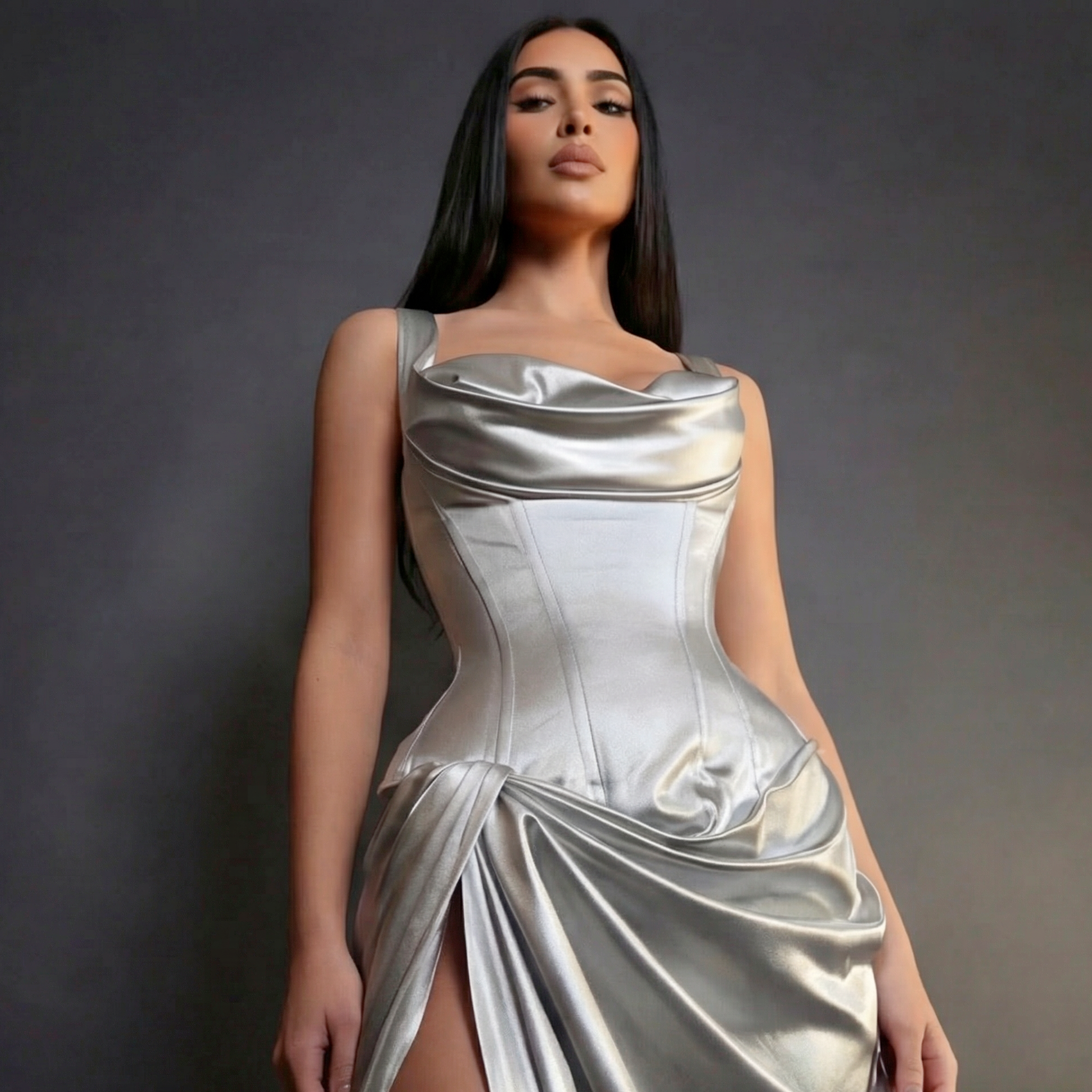 Silver Satin Draped Gown with Corset Bodice, Cowl Neckline, Thin Straps and High Slit