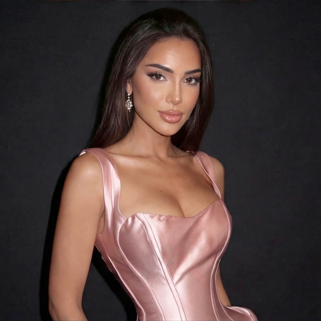 Woman wearing a pink satin dress against a black background