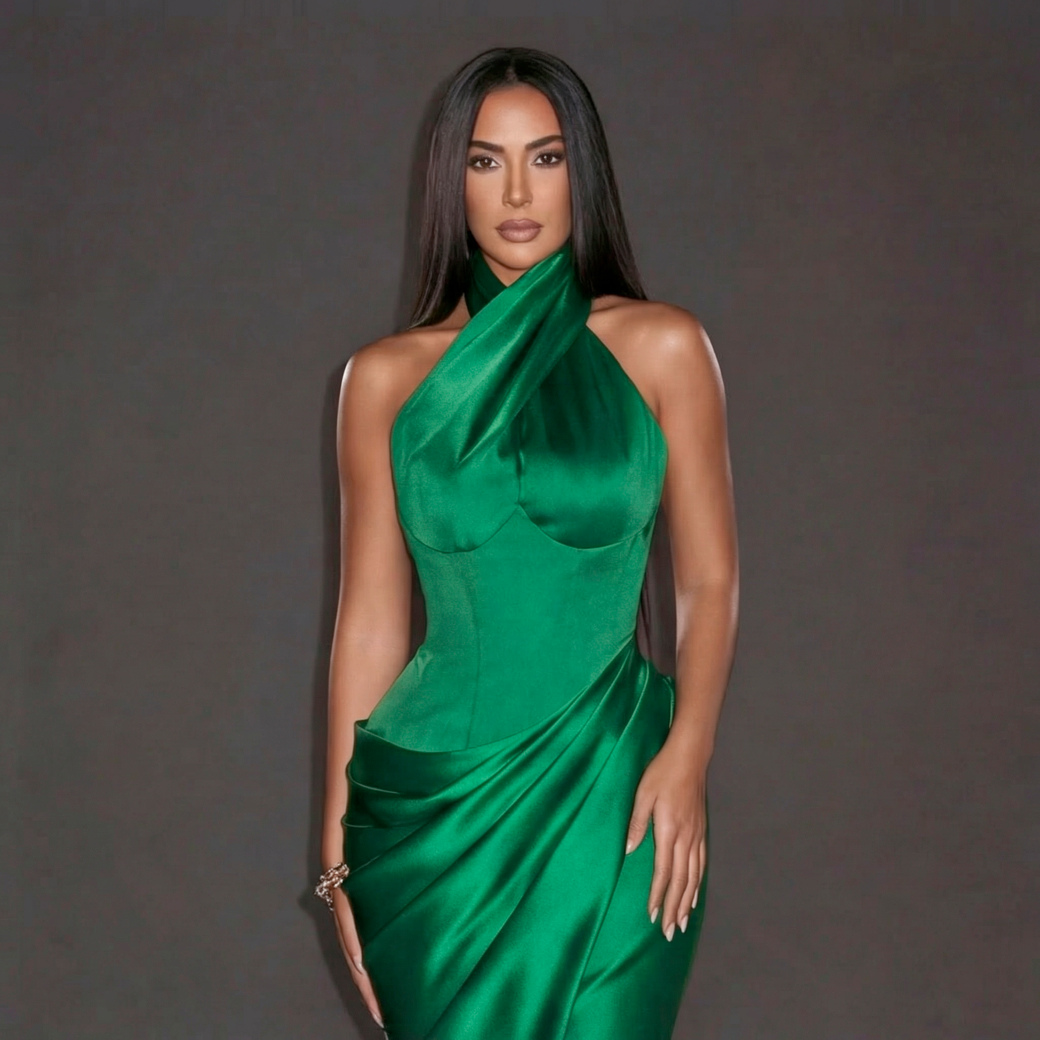 Woman wearing a green dress against a gray background