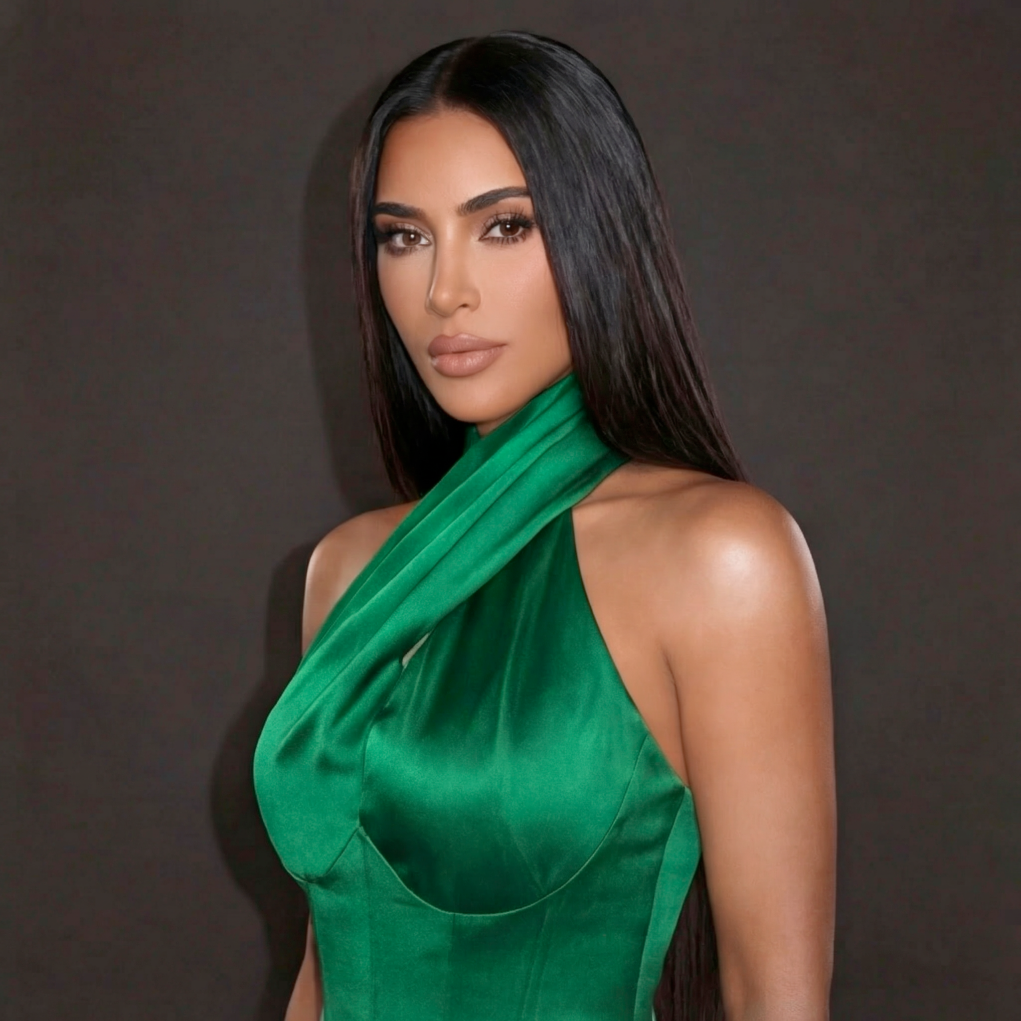 Woman wearing a green dress against a dark background